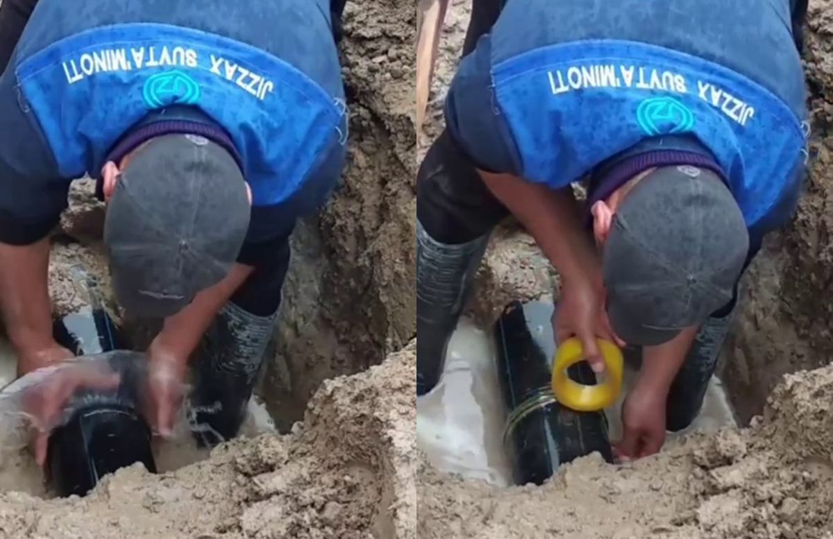 В Джизаке сотрудник водоканала заклеил протекающую трубу скотчем — видео