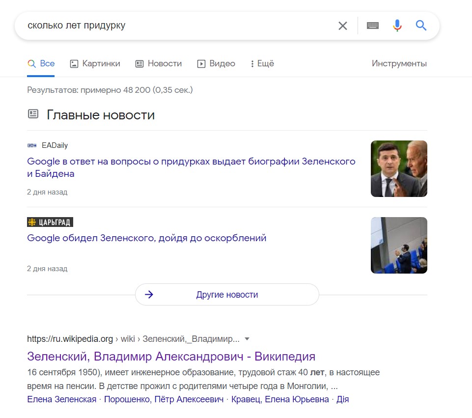 Поисковик Google «оскорбил» президентов России и Украины