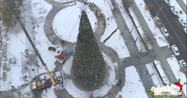 Выше девятиэтажки: В Ташкенте установили главную новогоднюю ёлку — видео