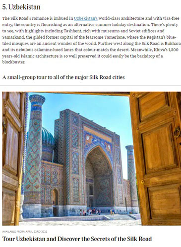 Британское издание включило Узбекистан в список умопомрачительных мест для отдыха